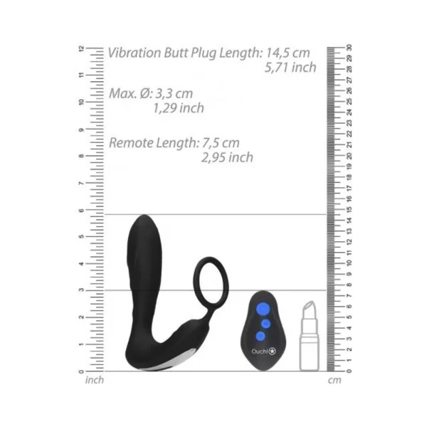 E-stim & Vibrating Butt Plug And Cock Ring And Wireless Remote Black