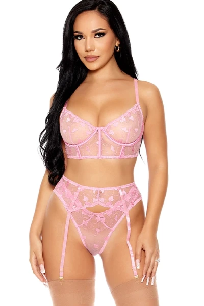 Forplay Heartbeat Harmony 3 Piece Pink Embroidered Bra Set with Garter Belt & Panty