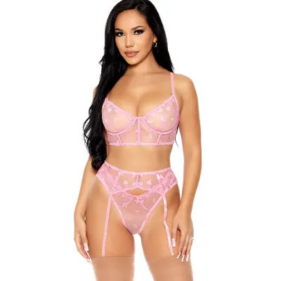 Forplay Heartbeat Harmony 3 Piece Pink Embroidered Bra Set with Garter Belt Panty