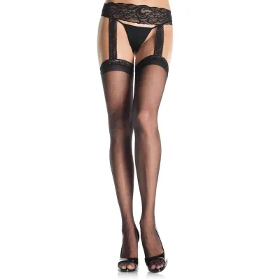Sheer Lace Top Stockings With Attached Lace Garter Belt Queen Size Black