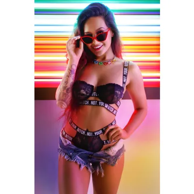 Not Your Bitch Lace Bra and Cutout Panty Set Black M l
