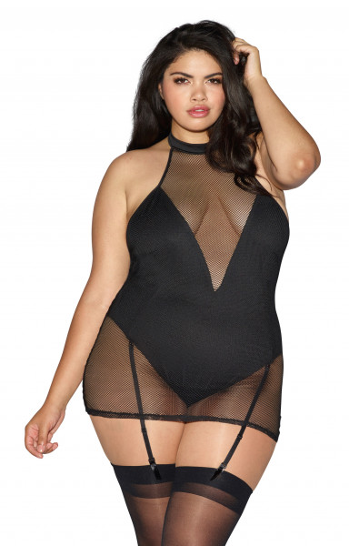 Dreamgirl 1X Black Fishnet Garter Slip with Teddy Lining