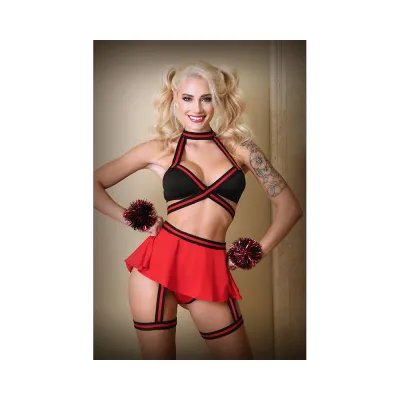Bralette Skirt Panty With Detachable Leg Garter And Pom Pom Wristlets S m Black And Red