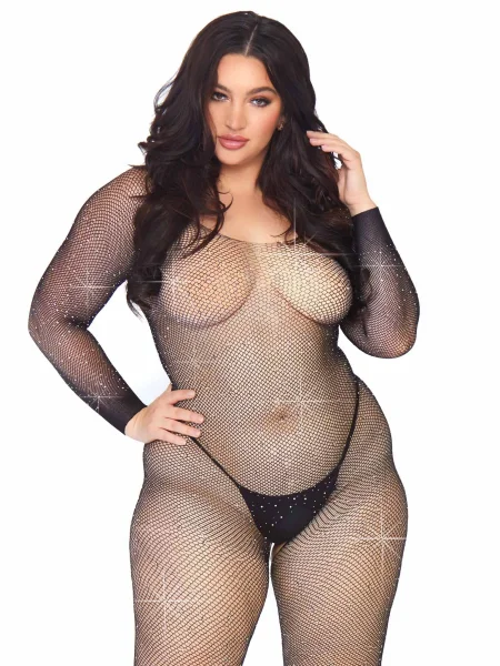 Crystalized Seamless Fishnet Long Sleeved  Bodystocking - 1x-2x - Black