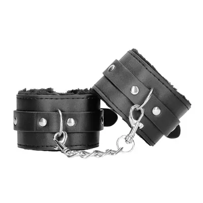 Ouch Black White Plush Bonded Leather Wrist Cuffs