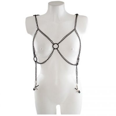 Bondara Black Chain Bra with Nipple Clamps