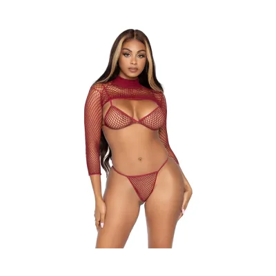 Industrial Net Bikini Top G string Long Sleeve Burgundy Os