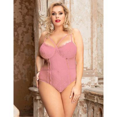 Bondara Belle Plus Size Pink Eyelash Lace Caged Teddy