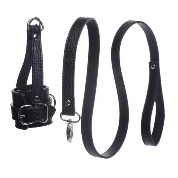 Ball Stretcher With Leash Black Leather