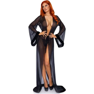 3pc Fur Trimmed Robe Set Black One Size