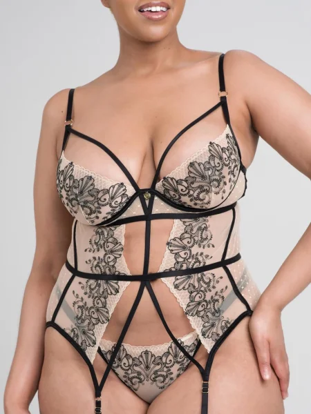 Lovehoney Plus Size Siena Gold and Embroidered Black Crotchless Bustier Set