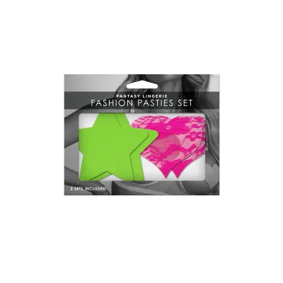 Fashion Pasties Set Neon Green Solid Star and Neon Pink Lace Heart