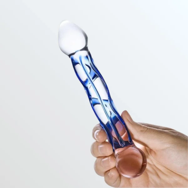 Gläs Full Tip Textured Glass Dildo - Clear & Blue
