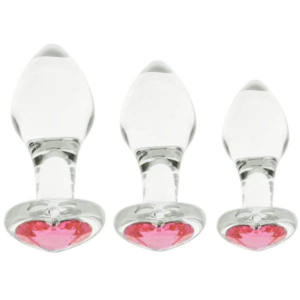 Gläs Heart Jewel Glass Butt Plug 3 Piece Anal Training Set - Clear With Pink Jewel