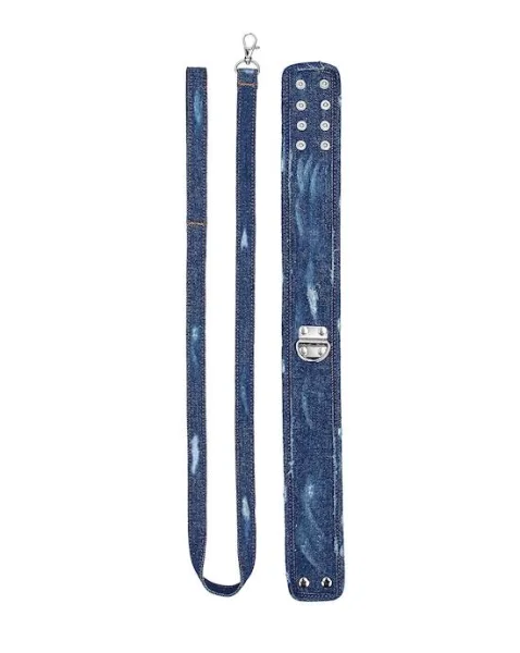 Denim Collar - With Leash - Roughened Denim Style  - Blue - O/s