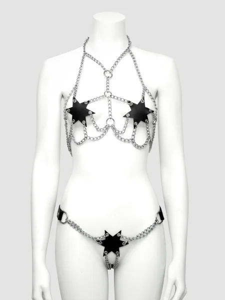 DOMINIX Deluxe Leather and Chain Star Bra Set