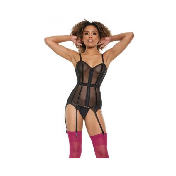 Women's Lingerie: Coquette Mesh Corset With Zipper Front & Removable Straps Black L