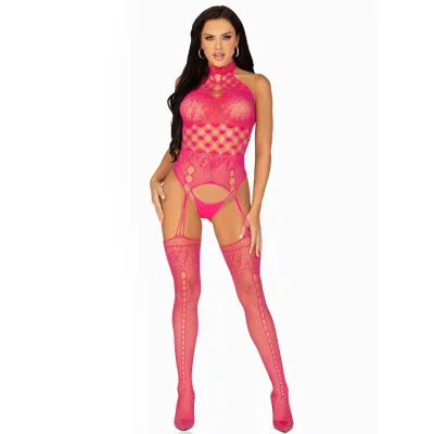 High Neck Halter Hardcore Net and Lace Suspender Bodystocking Raspberry