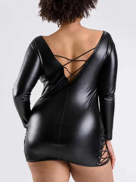 Lovehoney Plus Size Fierce Leather Look Lace-Up Black Long Sleeve Dress