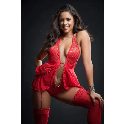 2pc O Ring Babydoll Zip Crotch Teddy and Stocking One Size Candy Red