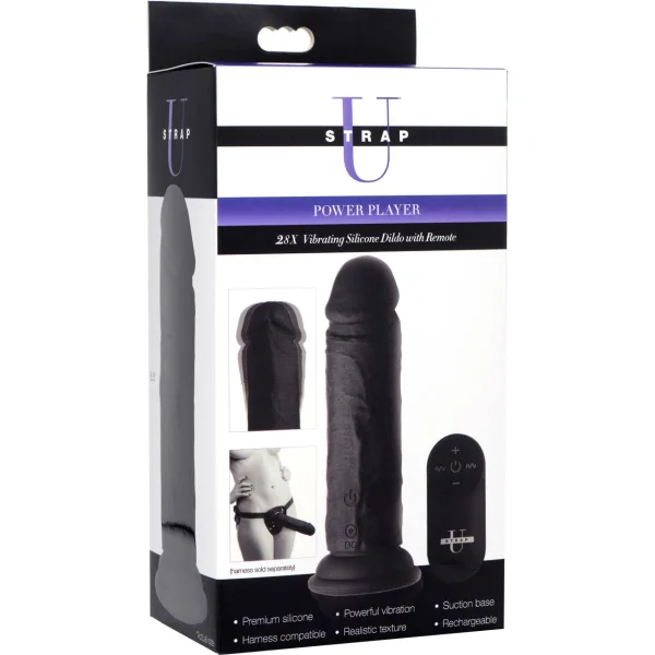 Strap U Power Player 28X Vibrating Rechargeable 6.5" Silicone Dildo With Remote - Black