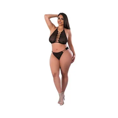 Women s Lingerie Magic Silk Glitz Glam Halter Bralette And Panty Set Black Queen Size