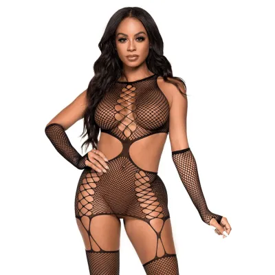 2 Pc Net Garter Dress With Attached Stockings and Matching Gloves One Size Black
