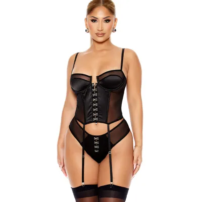 Forplay Hooked On You 2 Piece Black Bustier Set with Garters Panty