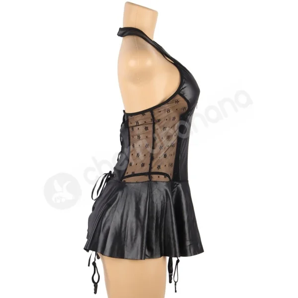 Cherry Banana Black Faux Leather Dress With Zipper Front & Tie-up Back