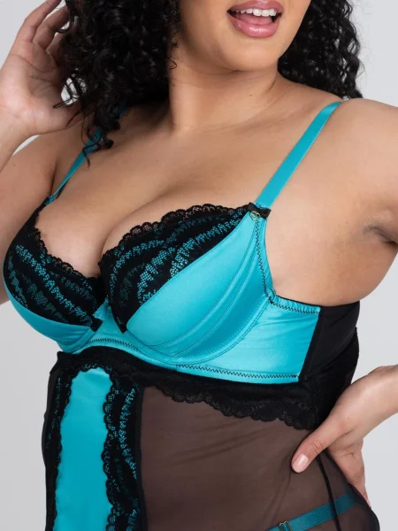 Lovehoney Plus Size Empress Blue Satin and Lace Chemise Set