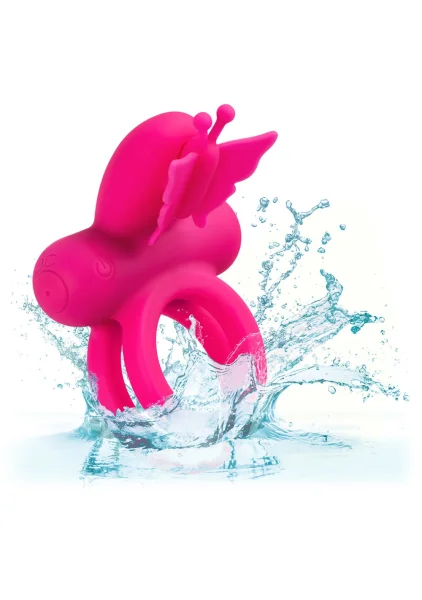 Silicone Rechargeable Dual Butterfly Couples Vibrating Cock Ring By CalExotics - Pink