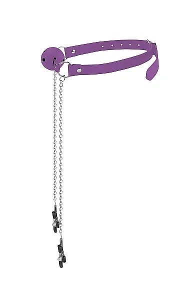 Ball Gag With Nipple Clamps Purple