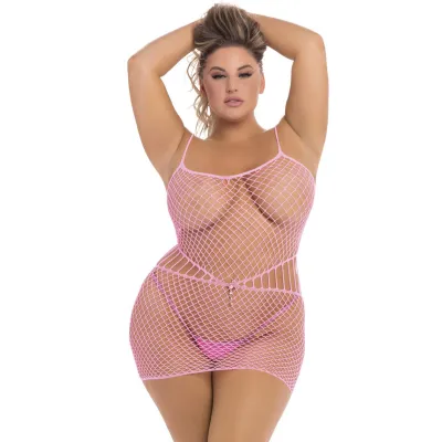 Pink Lipstick Plus Size Roll Up Pink Fishnet Mini Dress