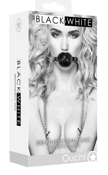 Breathable Ball Gag With Nipple Clamps - Black
