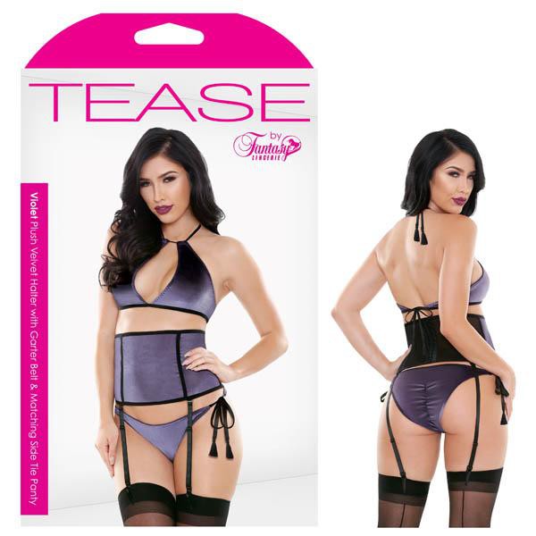 Tease - Violet Plush Velvet Halter with Garter Belt & Matching Side Tie Panty