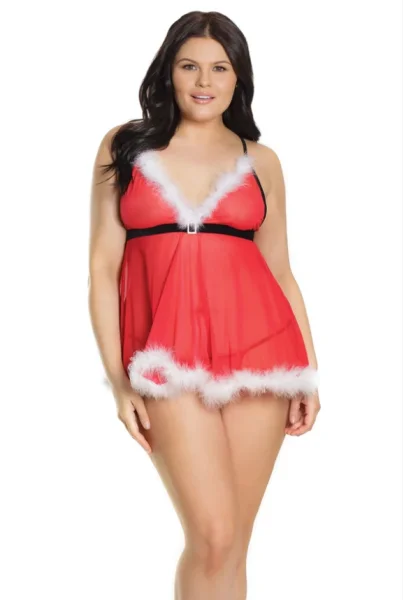 Plus Size Santa Baby Mesh & Marabou Baby Doll