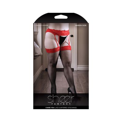 I Dare You Red Lace Garter Belt With Attached Lace Top Fishnet Stockings Queen