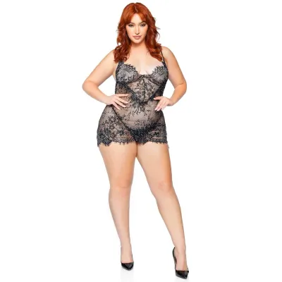 2 Pc Rhinestone Lace Dress and G String 1x 2x Black