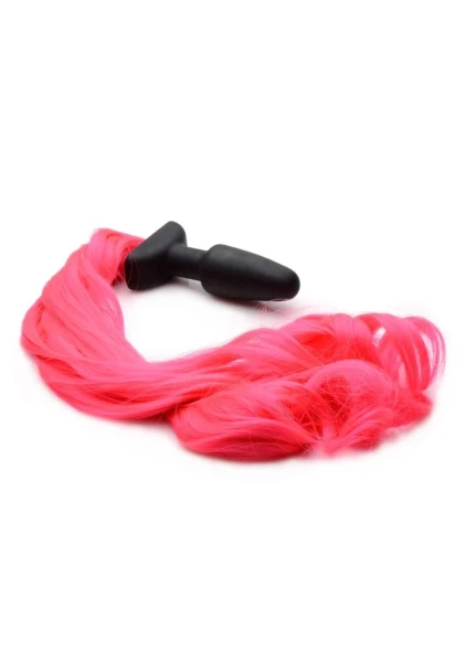Tailz Black Silicone Anal Plug With Hot Pink Pony Faux Fur Tail