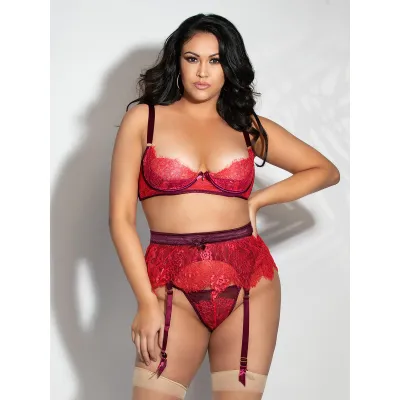 Seven til Midnight Plus Size Red Eyelash Lace Bra Set with Garter Skirt