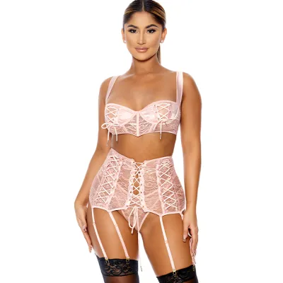 Forplay Lovebound Pink Lace Bra Set with Garters