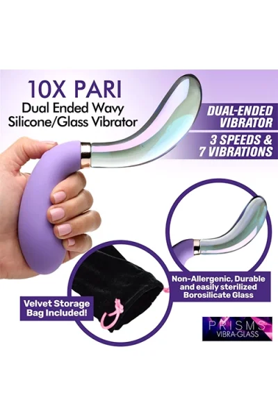 Prisms Erotic Glass Vibra-Glass: 10X Pari - 8" Dual Ended Wavy Silicone/Glass G-Spot Vibrator