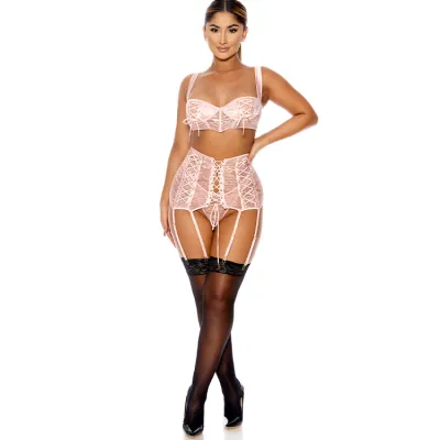 Forplay Lovebound Pink Lace Bra Set with Garters