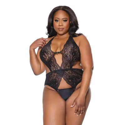 Plus Size Black Lace Keyhole Open Crotch Teddy
