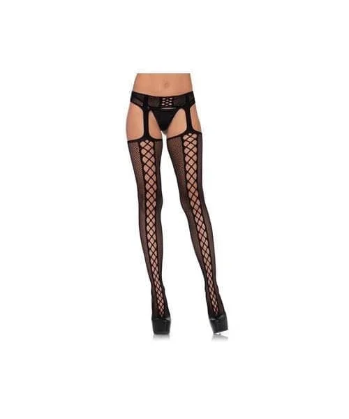 Faux Lace Up Dual Net Backseam Stockings With Attached Garterbelt - Black - One Size