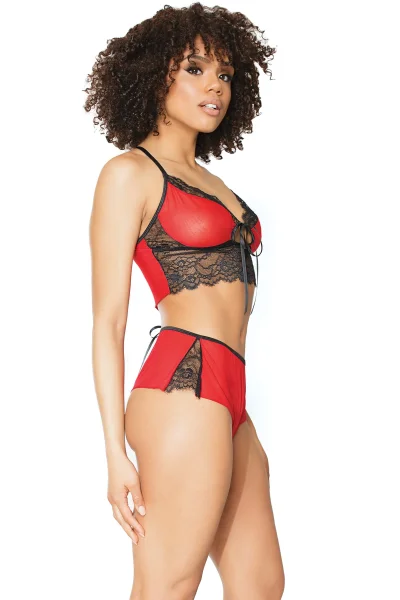 Red Mesh & Black Lace Bralette & Wide Leg Booty Shorts — image 10 of 14