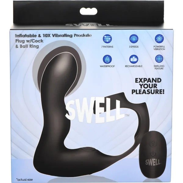 Swell 10X Inflatable Rechargeable Silicone Vibrating Prostate Plug With Cock & Ball Ring & Remote - Black — image 9 of 15