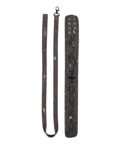 Denim Collar - With Leash - Roughened Denim Style  - Black - O/s