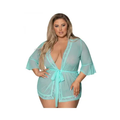 Magic Silk Seabreeze Robe W Lace Trim Turquoise Queen Size