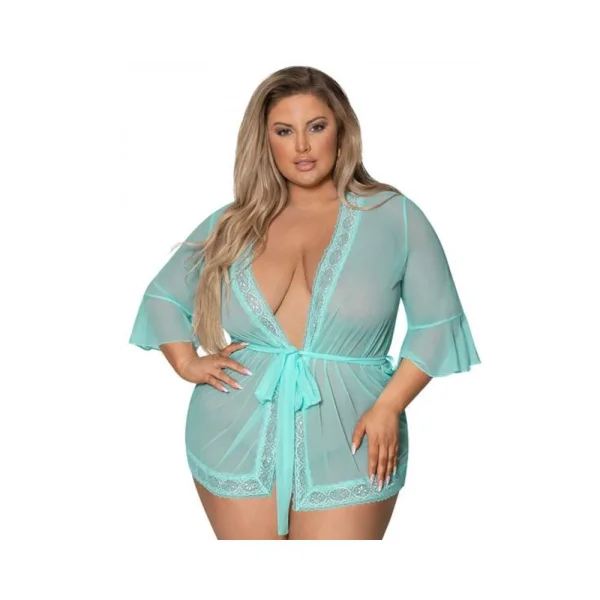 Magic Silk Seabreeze Robe W Lace Trim Turquoise Queen Size